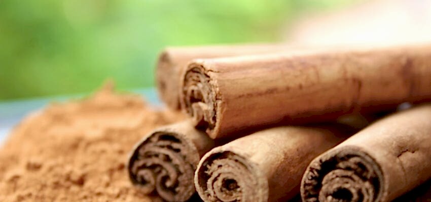 Cinnamon sticks beside ground cinnamon on a table outside.