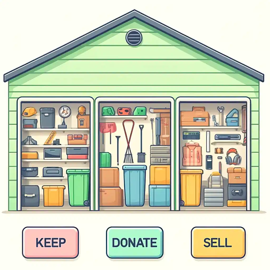 A garage is being sorted into keep, donate, and sell by someone who is decluttering to maximize storage space. Garage Cleaning Tips for the Overwhelmed: declutter and sort.