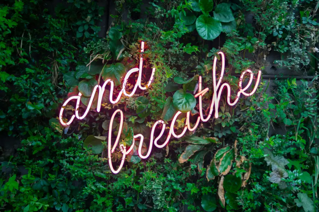 A plant wall with a pink neon sign that reads in cursive, ;just breathe'.