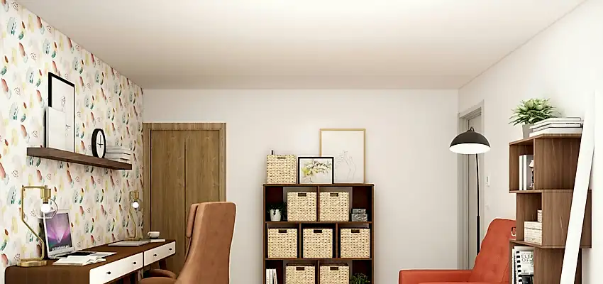 An office with white walls and mute, earth toned furniture. Office cleaning tips have been implemented, as neatly organized boxes are on shelves.