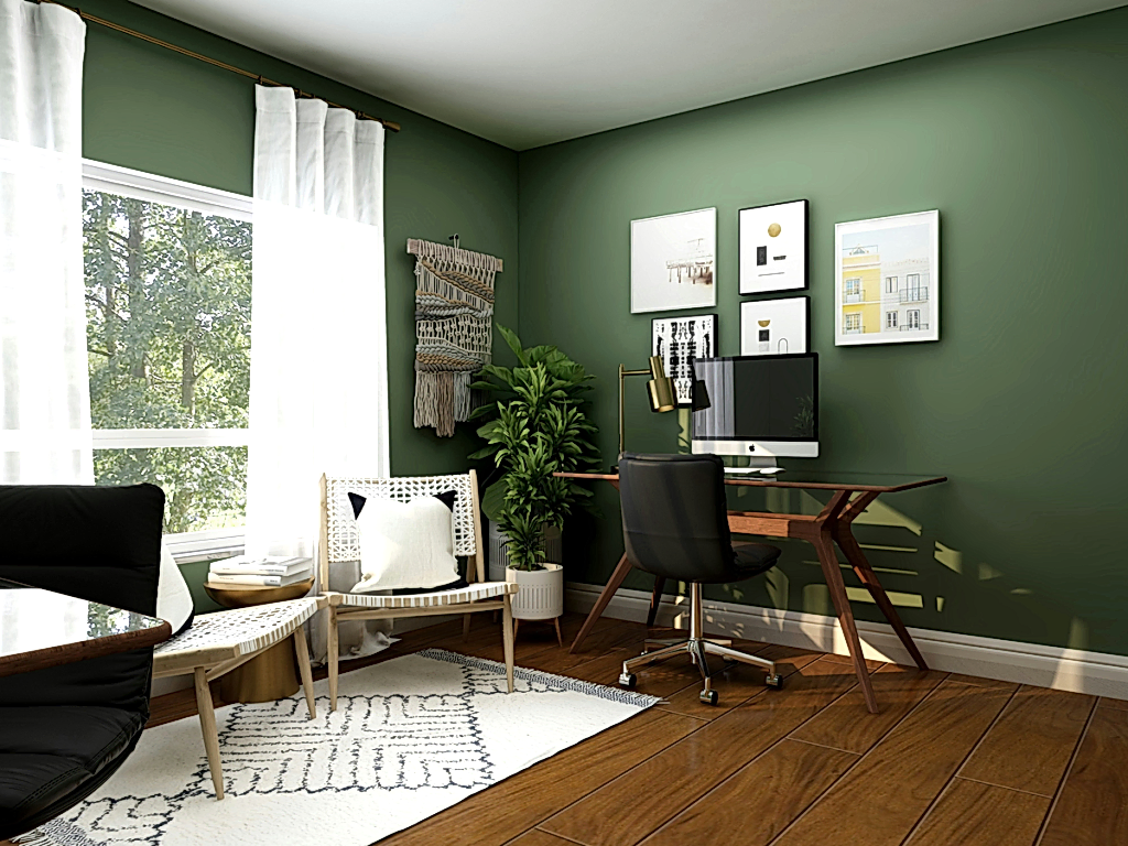 An office with a green interior and lush trees in the window looks spotless after office spring cleaning tips have been deployed.